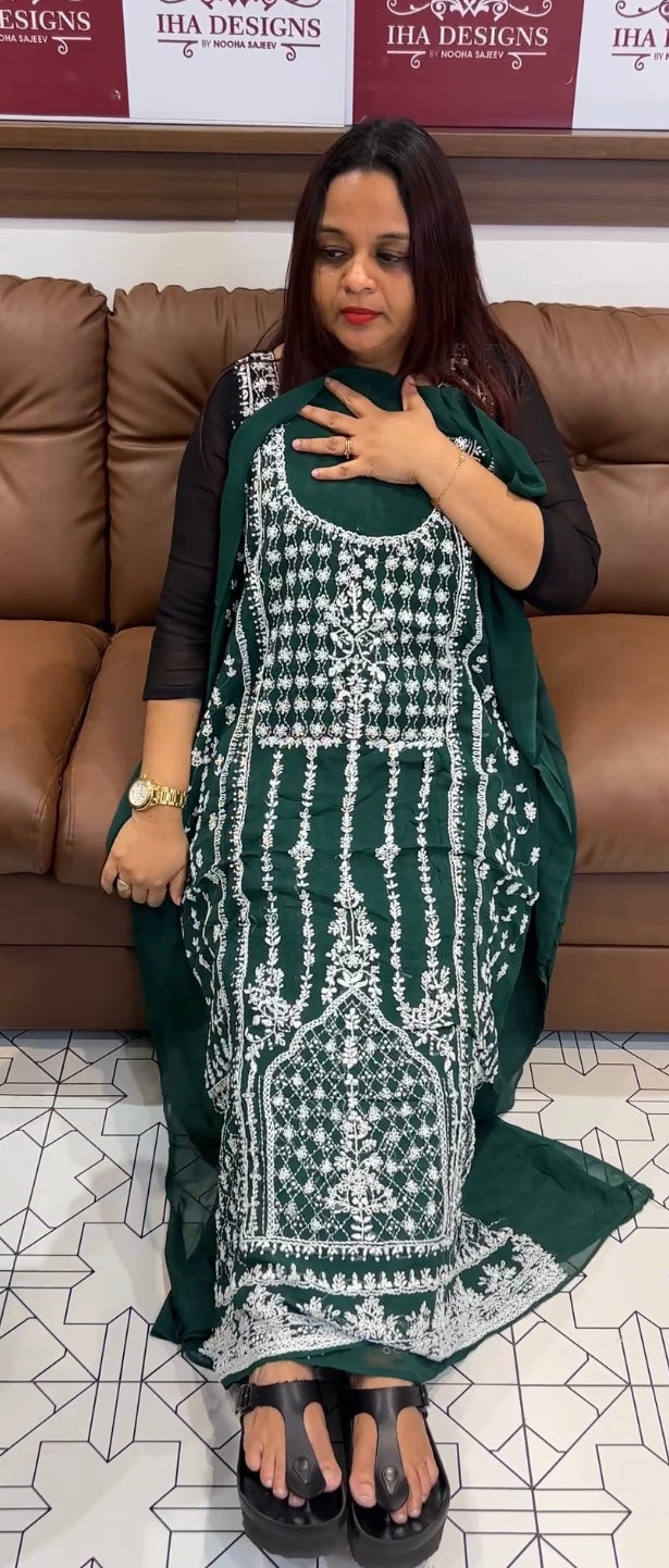 LUCKNOWI CHIKANKARI UNSTITCHED SALWAR SUITS - IHA 8430