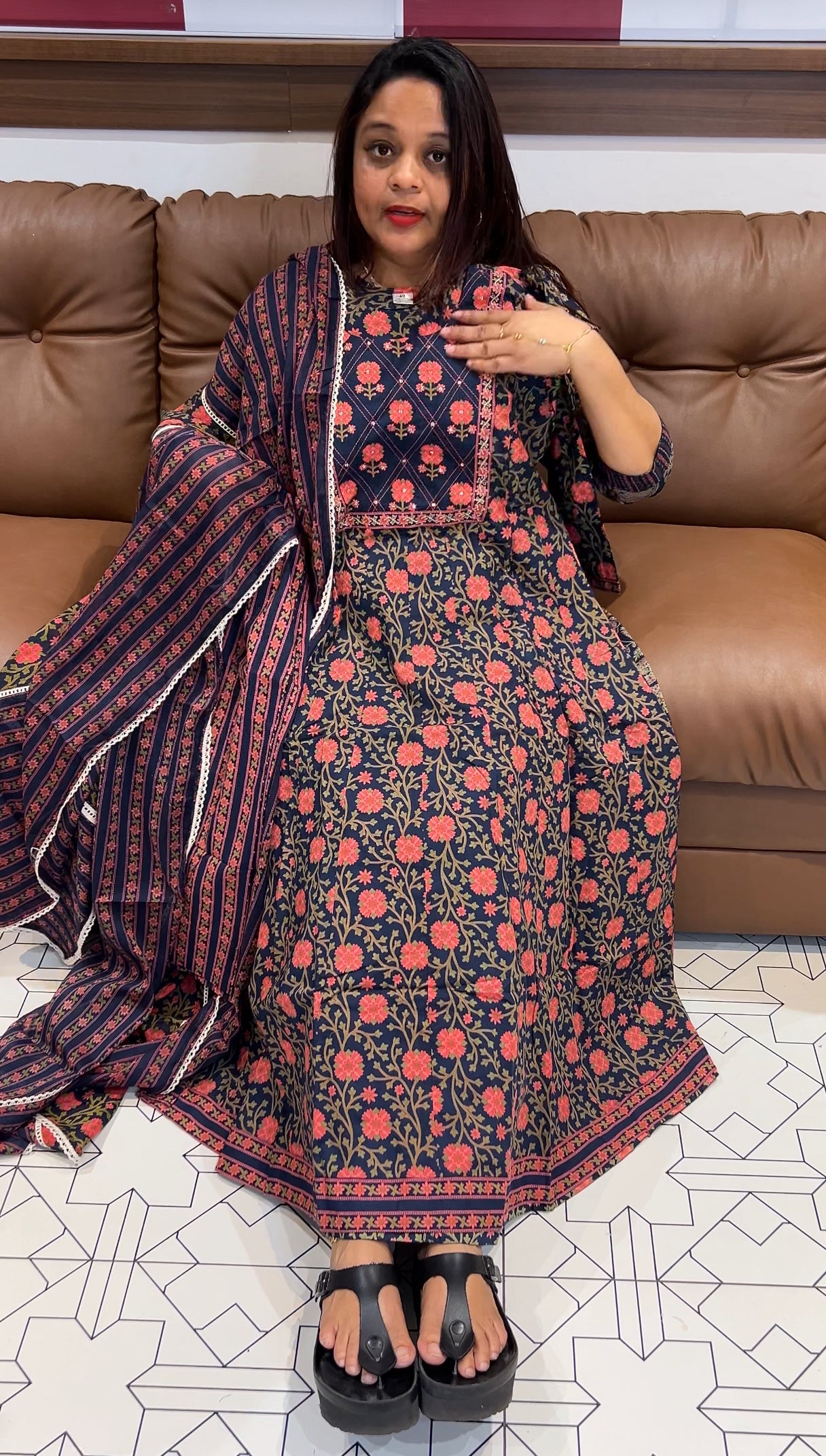 BUDGET BUY PRINTED COTTON ANARKALI TOP , BOTTOM AND DUPATTA - IHA 9767