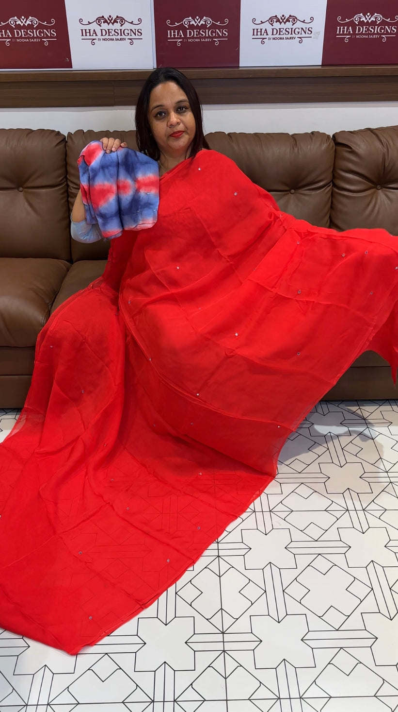 VISCOSE ORGANZA SAREES & MARBLE PRINTED BLOUUSE - IHA 8455