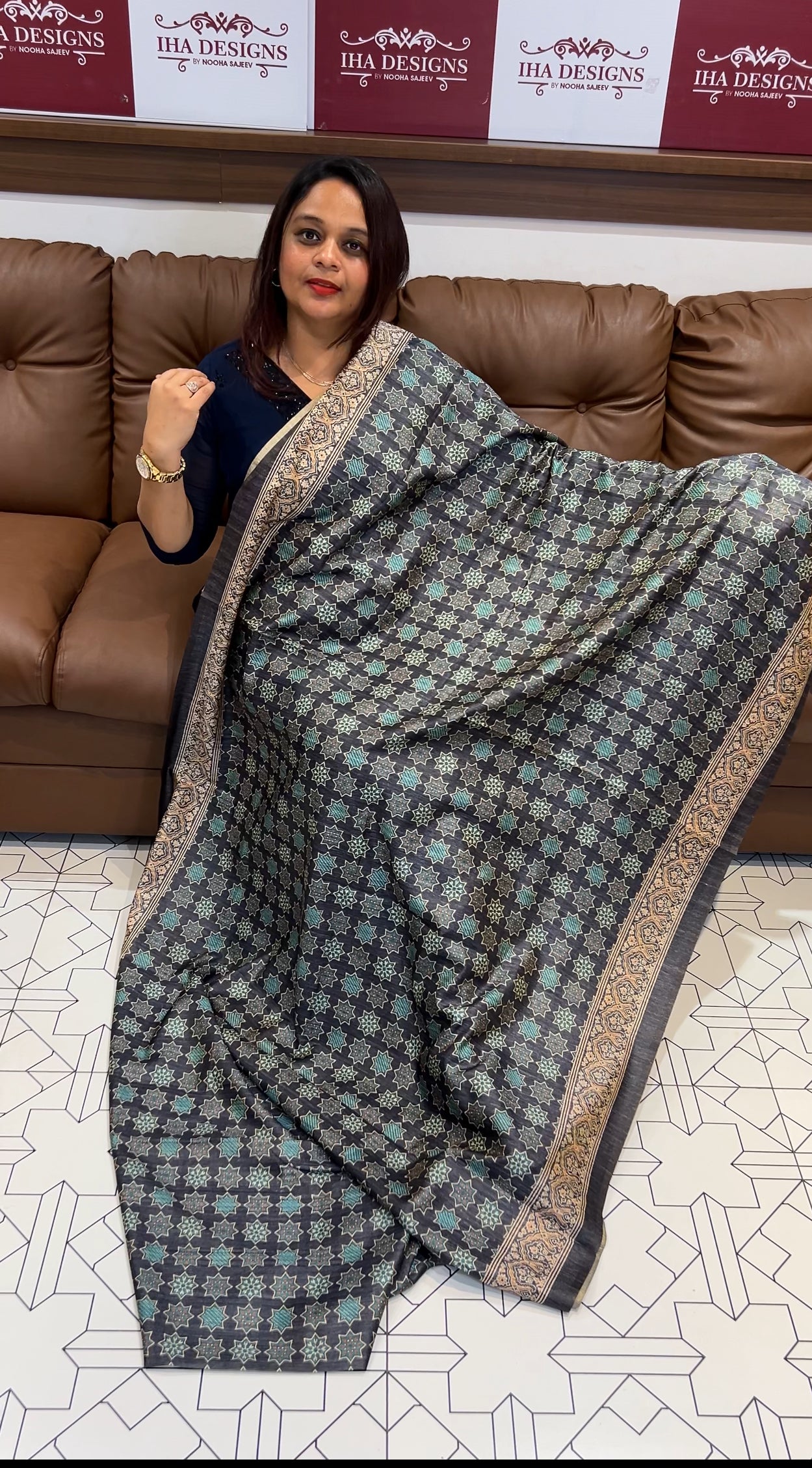 AJRAKH PRINTED SEMI JUTE SAREES - IHA 9717
