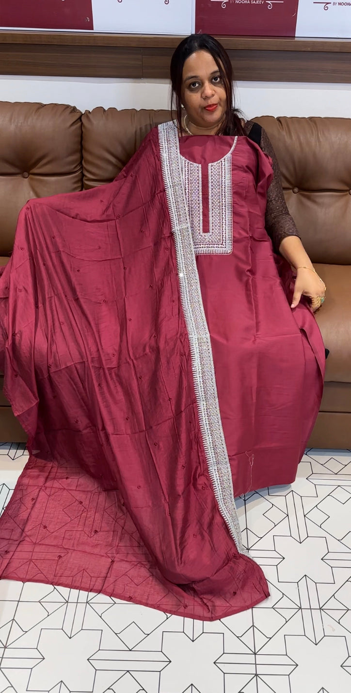 CHANDERI UNSTITCHED SALWAR SUIT - IHA 8613
