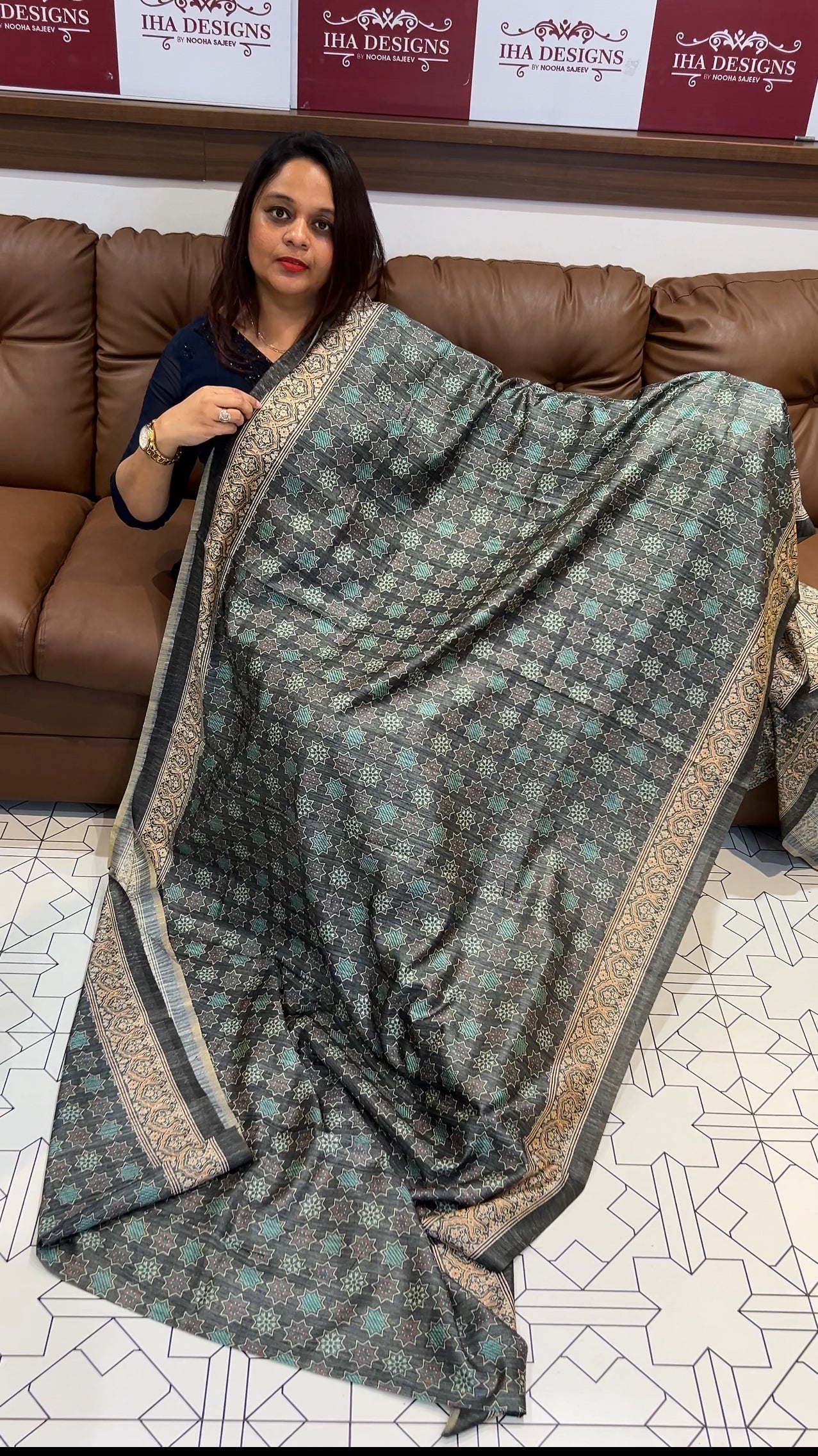 AJRAKH PRINTED SEMI JUTE SAREES - IHA 9717