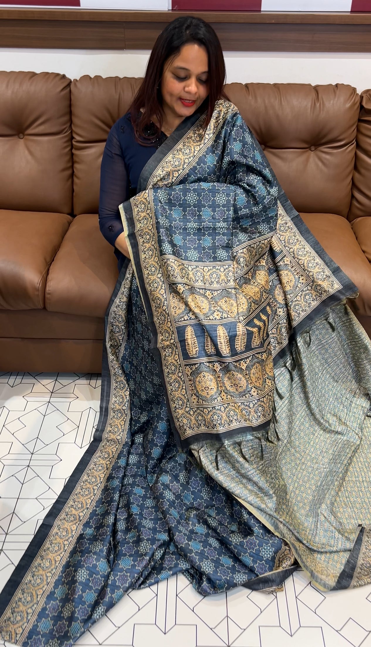 AJRAKH PRINTED SEMI JUTE SAREES - IHA 9717