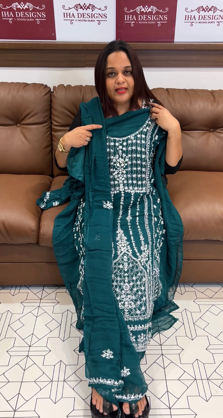LUCKNOWI CHIKANKARI UNSTITCHED SALWAR SUITS - IHA 8430
