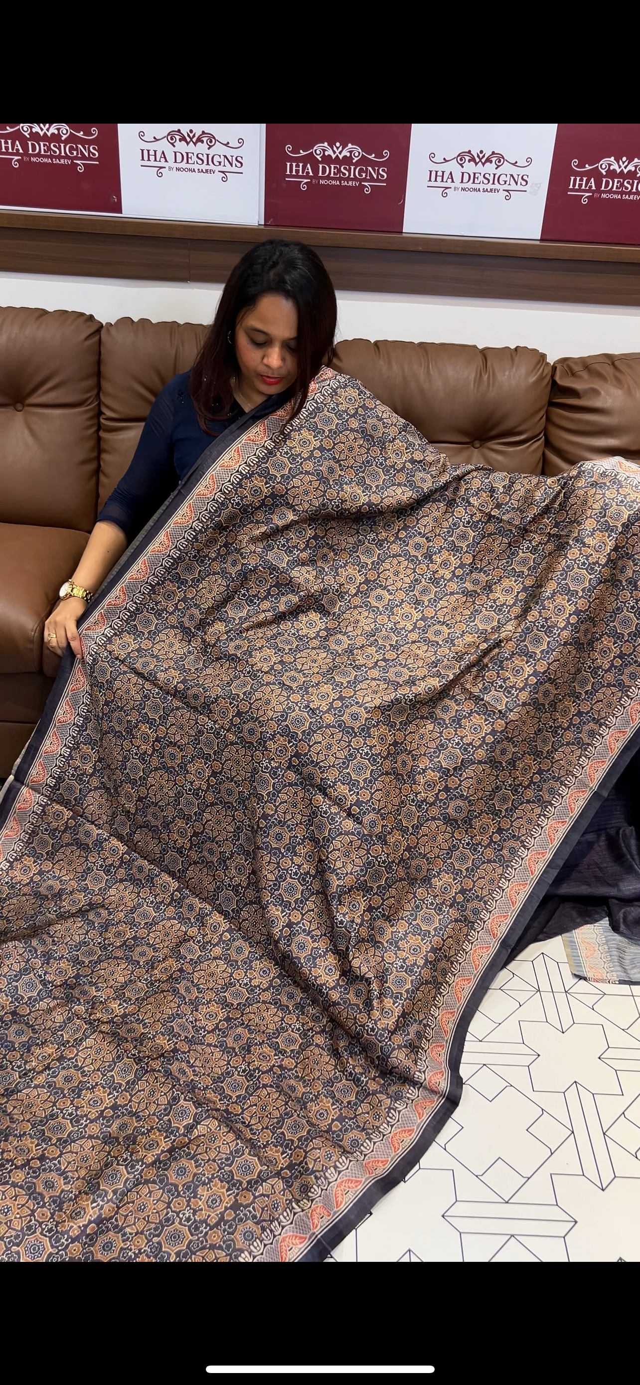 AJRAKH PRINTED SEMI JUTE SAREES - IHA 9717