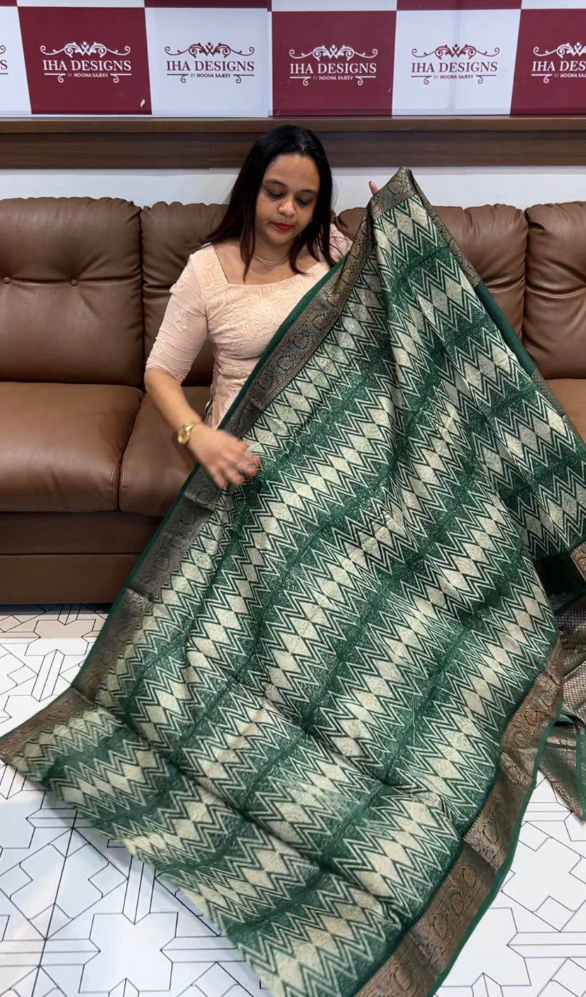 BLOCK PRINTED BANARASI CHANDERI SAREES - IHA 6482