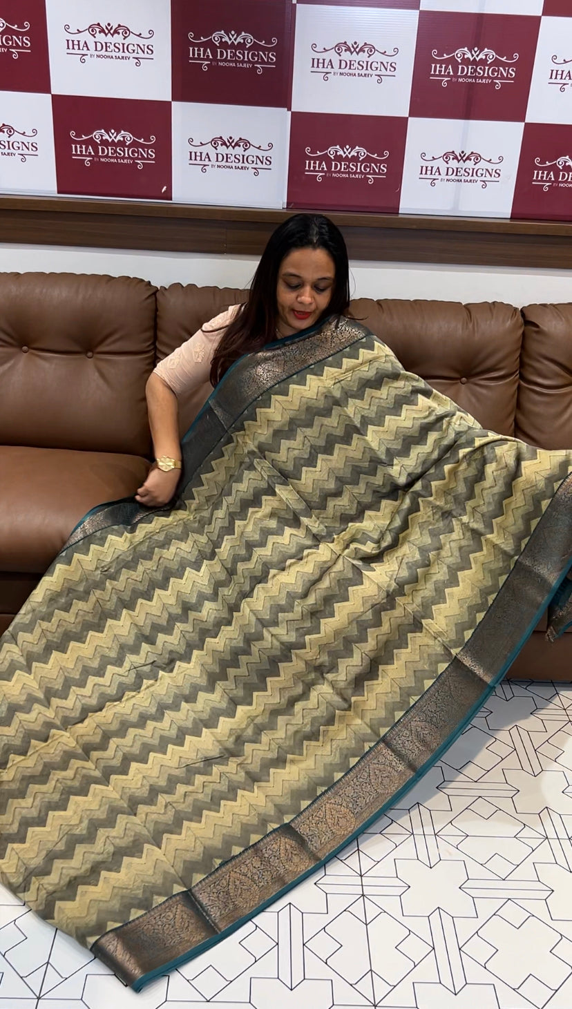 BLOCK PRINTED BANARASI CHANDERI SAREES - IHA 6485