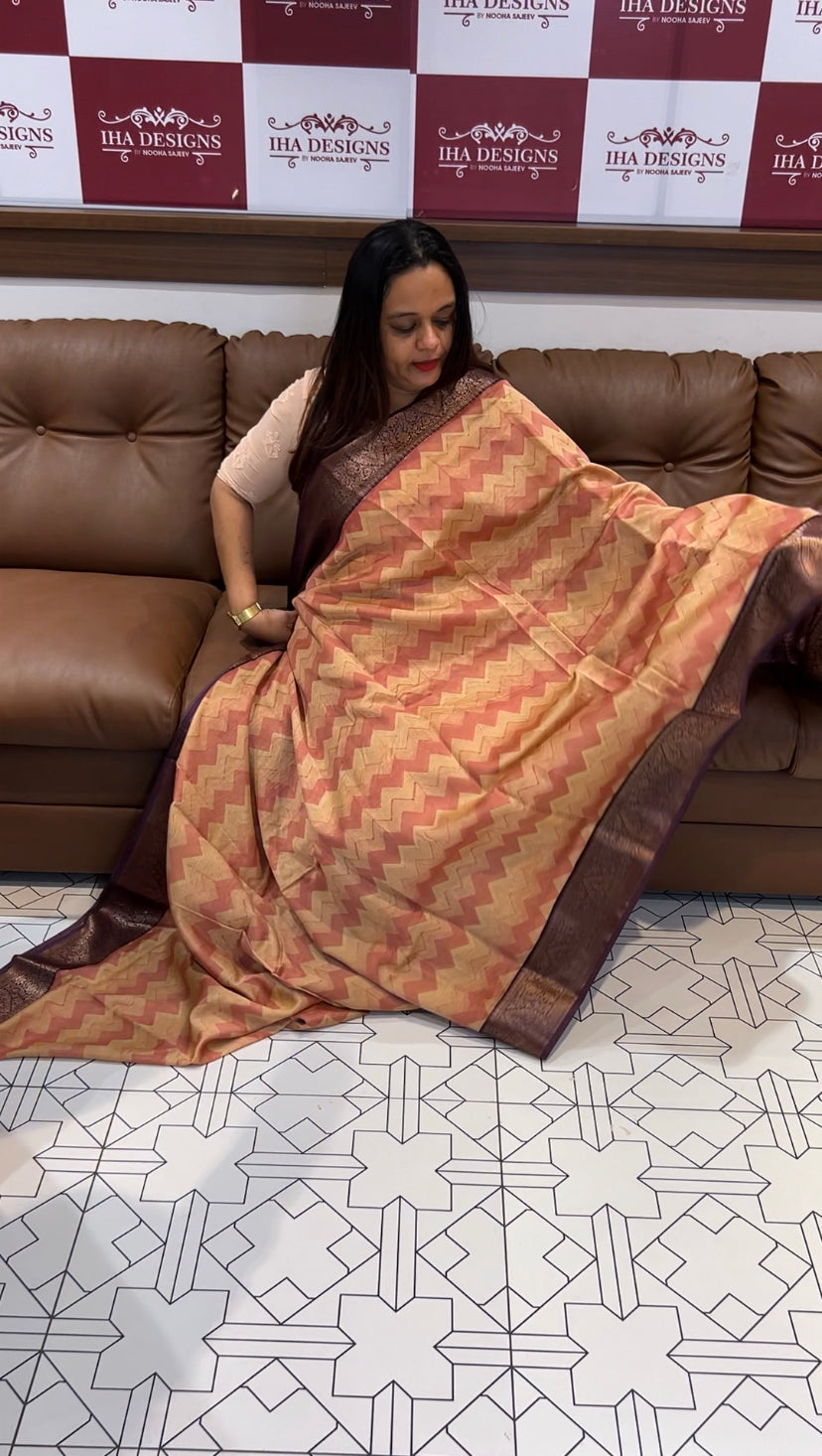 BLOCK PRINTED BANARASI CHANDERI SAREES - IHA 6485