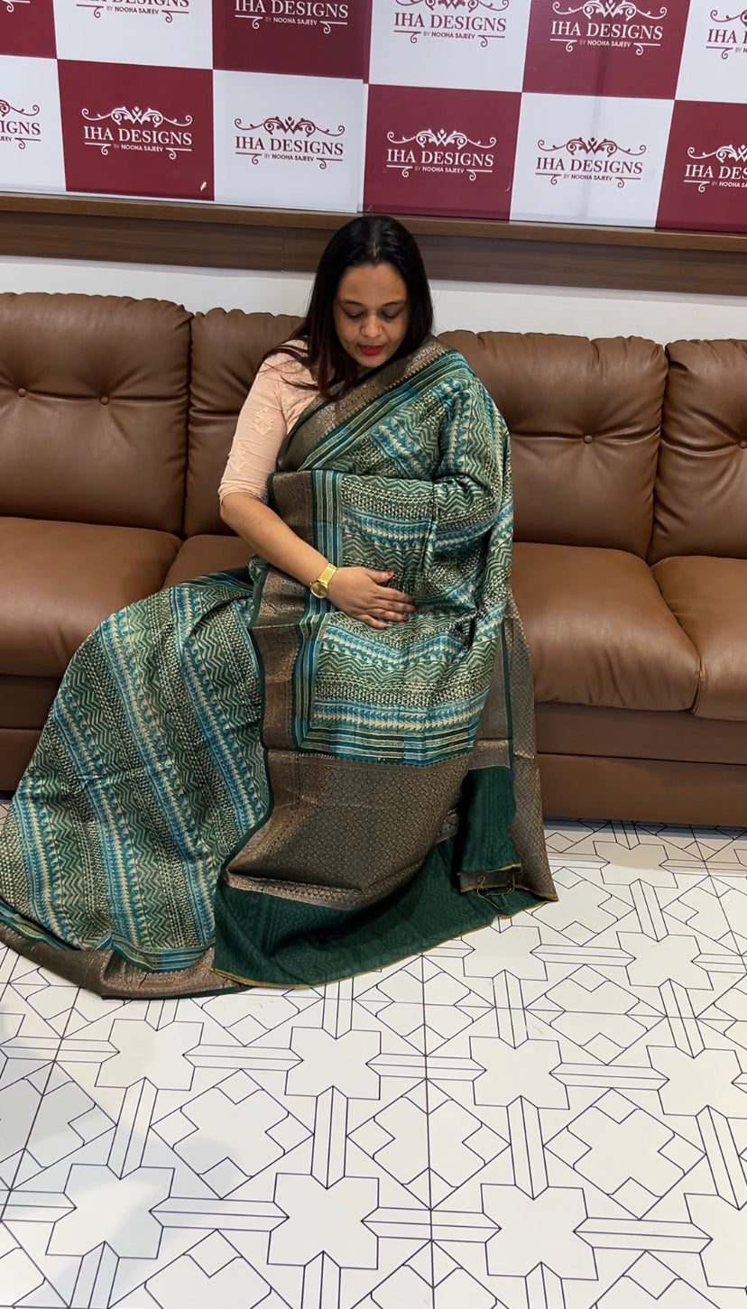 BLOCK PRINTED BANARASI CHANDERI SAREES - IHA 6482