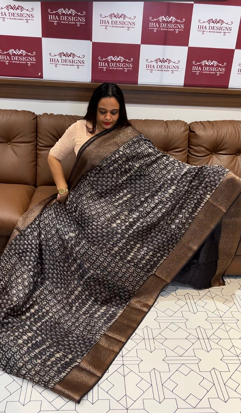 BLOCK PRINTED BANARASI CHANDERI SAREES - IHA 6488