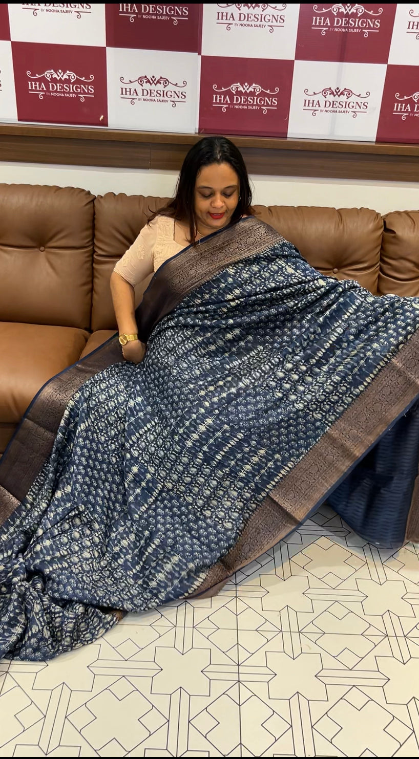 BLOCK PRINTED BANARASI CHANDERI SAREES - IHA 6488