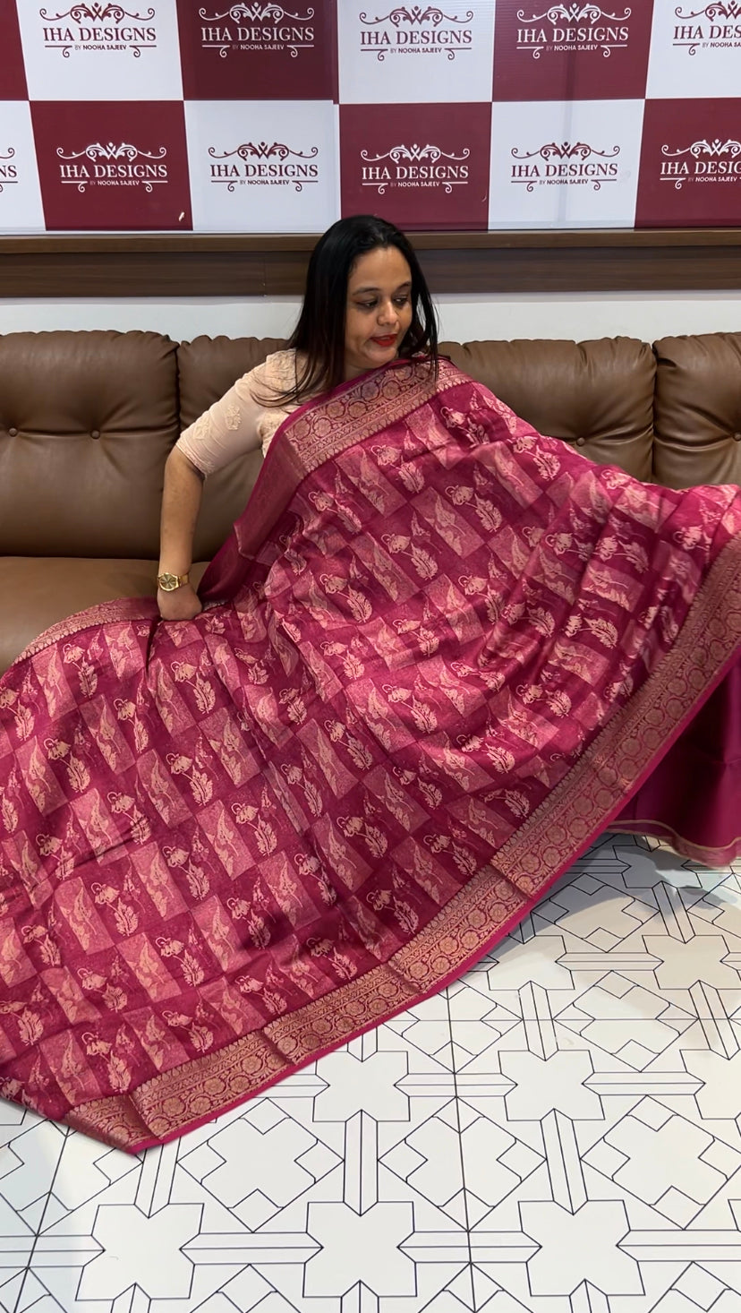 BLOCK PRINTED BANARASI CHANDERI SAREES - IHA 6481