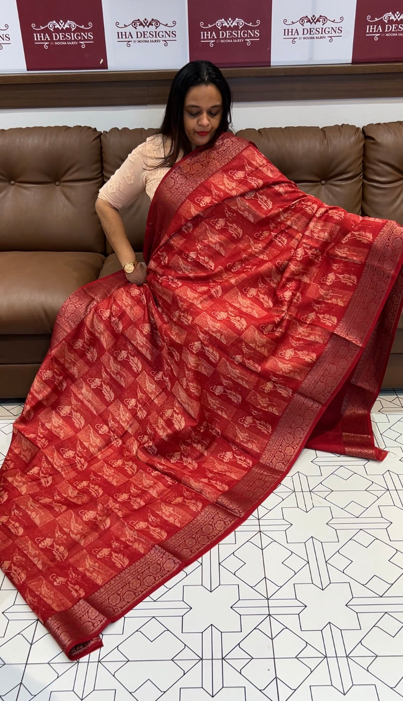 BLOCK PRINTED BANARASI CHANDERI SAREES - IHA 6481