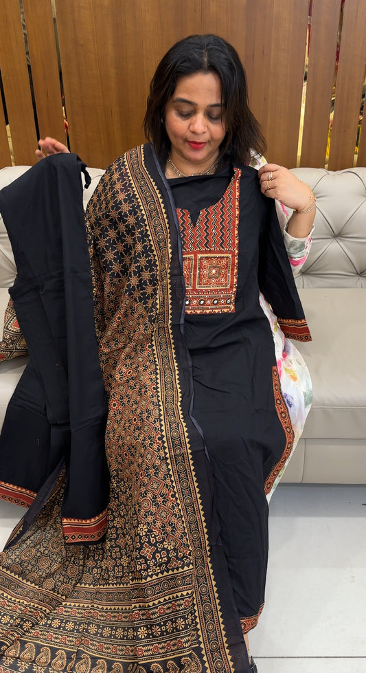 AJRAKH PRINTED TOP, BOTTOM AND DUPATTA - IHA 26136