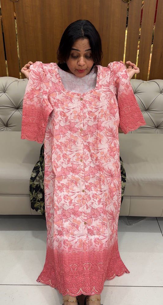 PRINTED LINEN LONG A-LINE FROCKS - IHA 28390