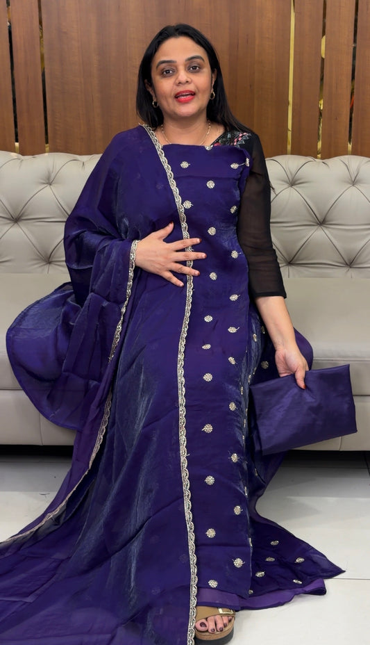 VELVET ORGANZA UNSTITCHED SALWAR SUITS - IHA 32814