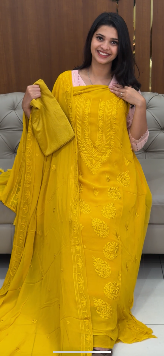 CHIKANKARI UNSTITCHED SALWAR SUITS - IHA 30797