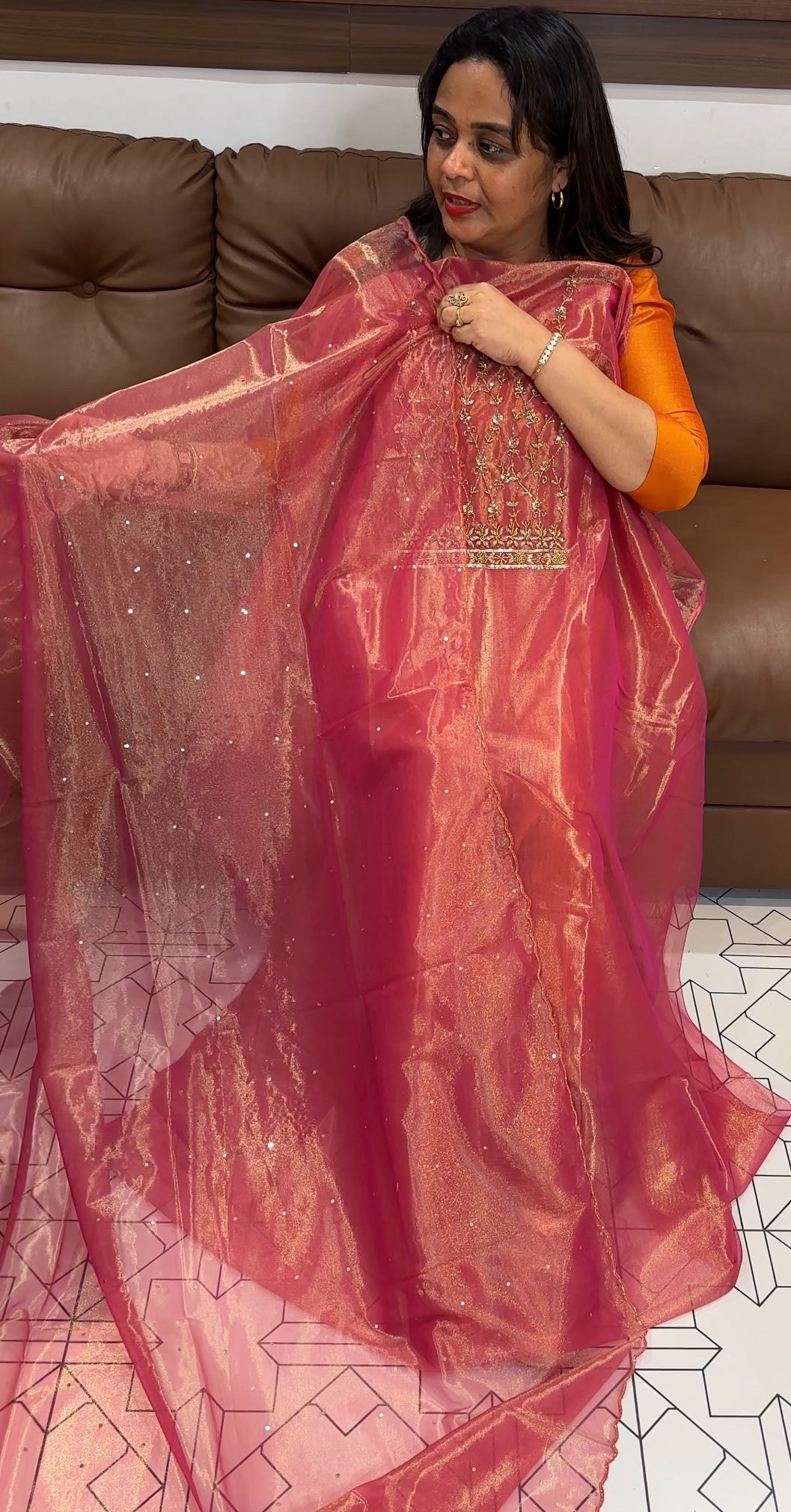HAND WORKED TISSUE UNSTITCHED SALWAR SUITS - IHA 23552