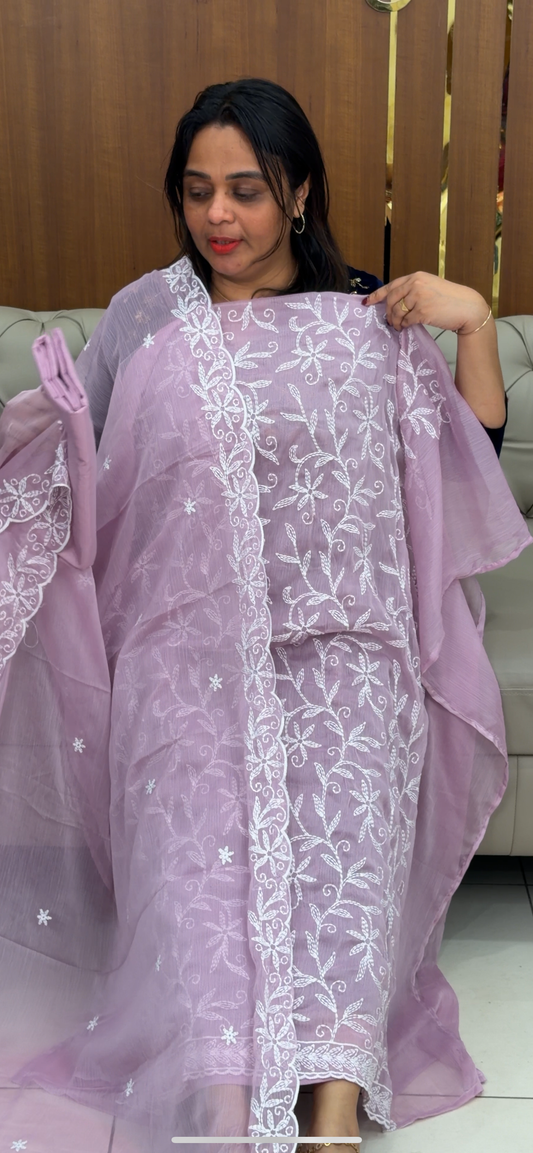 LUCKNOWI CHIKANKARI UNSTITCHED SALWAR SUITS - IHA 29840