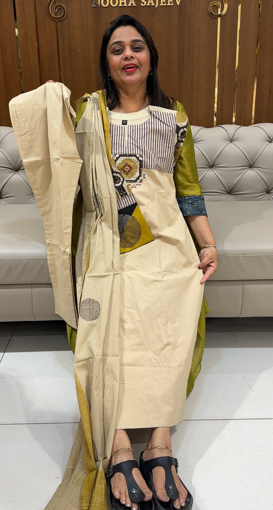 COTTON AJRAKH LONG SLITTED TOP ,BOTTOM AND DUPATTA  - IHA 24601