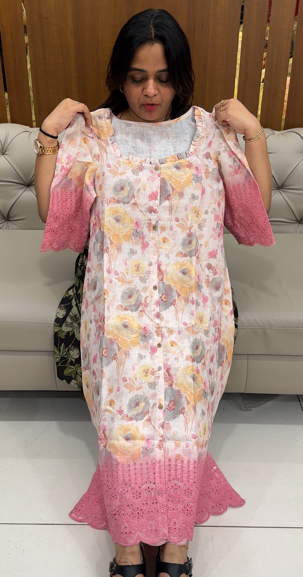 PRINTED LINEN LONG A-LINE FROCKS - IHA 28390