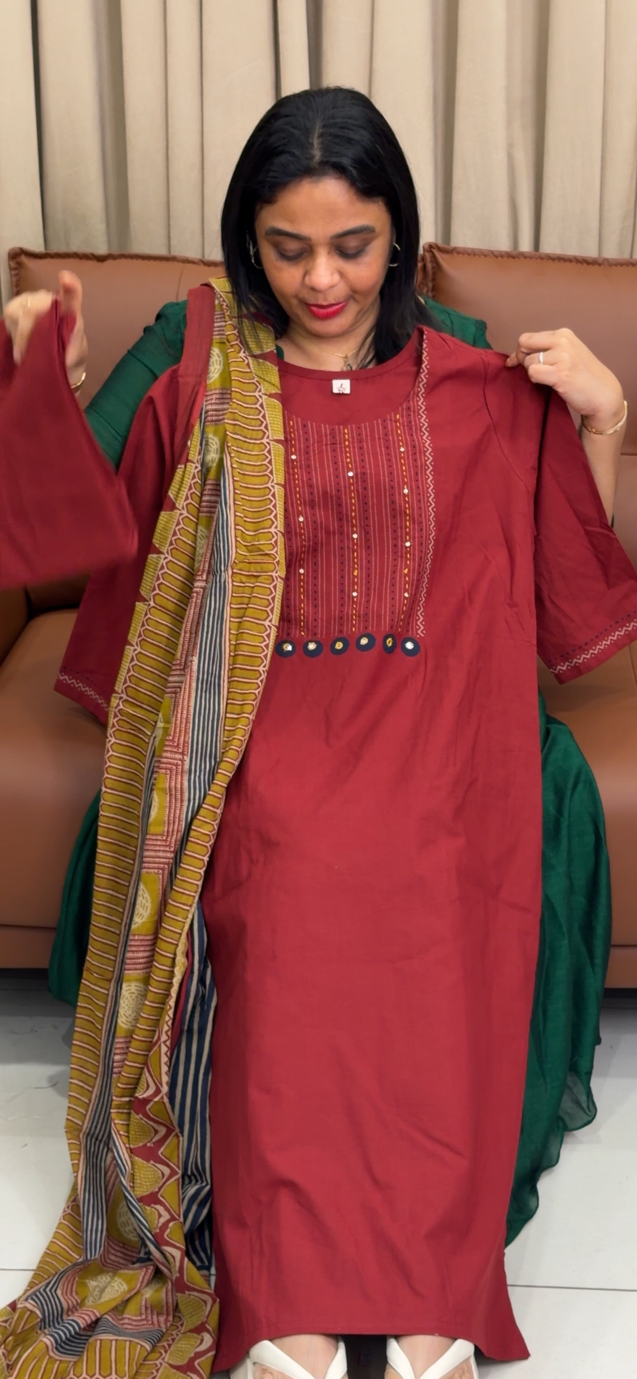 COTTON LONG SLITTED TOP, BOTTOM AND DUPATTA - IHA 33803