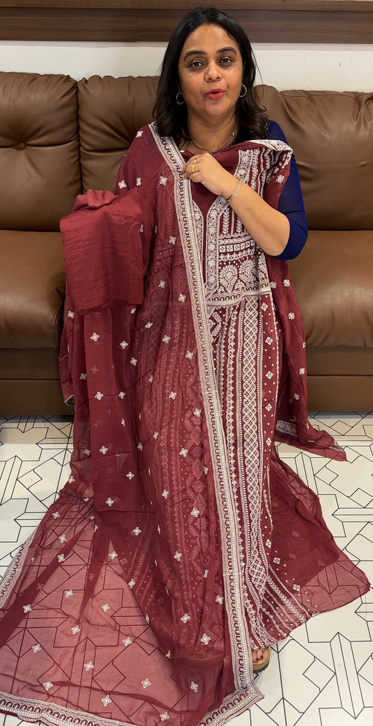 LUCKNOWI CHIKANKARI UNSTITCHED SALWAR SUITS - IHA 28084