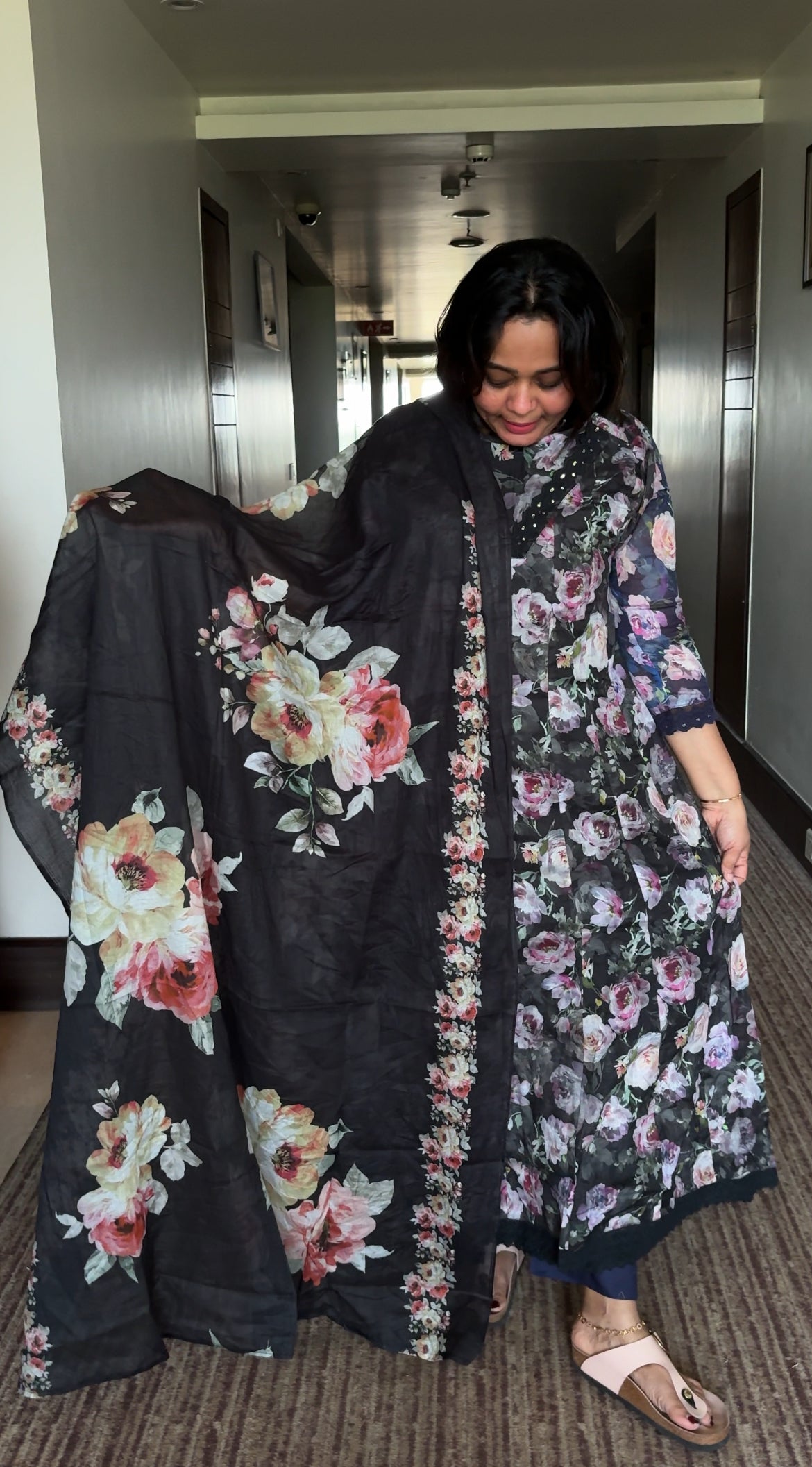 MULMUL COTTON PRINTED ANARKALI TOP,BOTTOM AND DUPATTA - IHA 26973