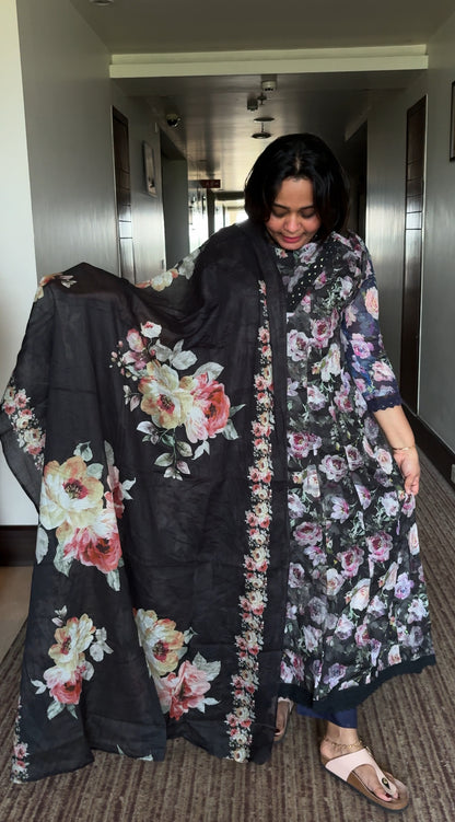 MULMUL COTTON PRINTED ANARKALI TOP,BOTTOM AND DUPATTA - IHA 26973