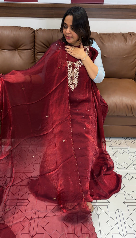 VELVET ORGANZA UNSTITCHED SALWAR SUITS - IHA 27304