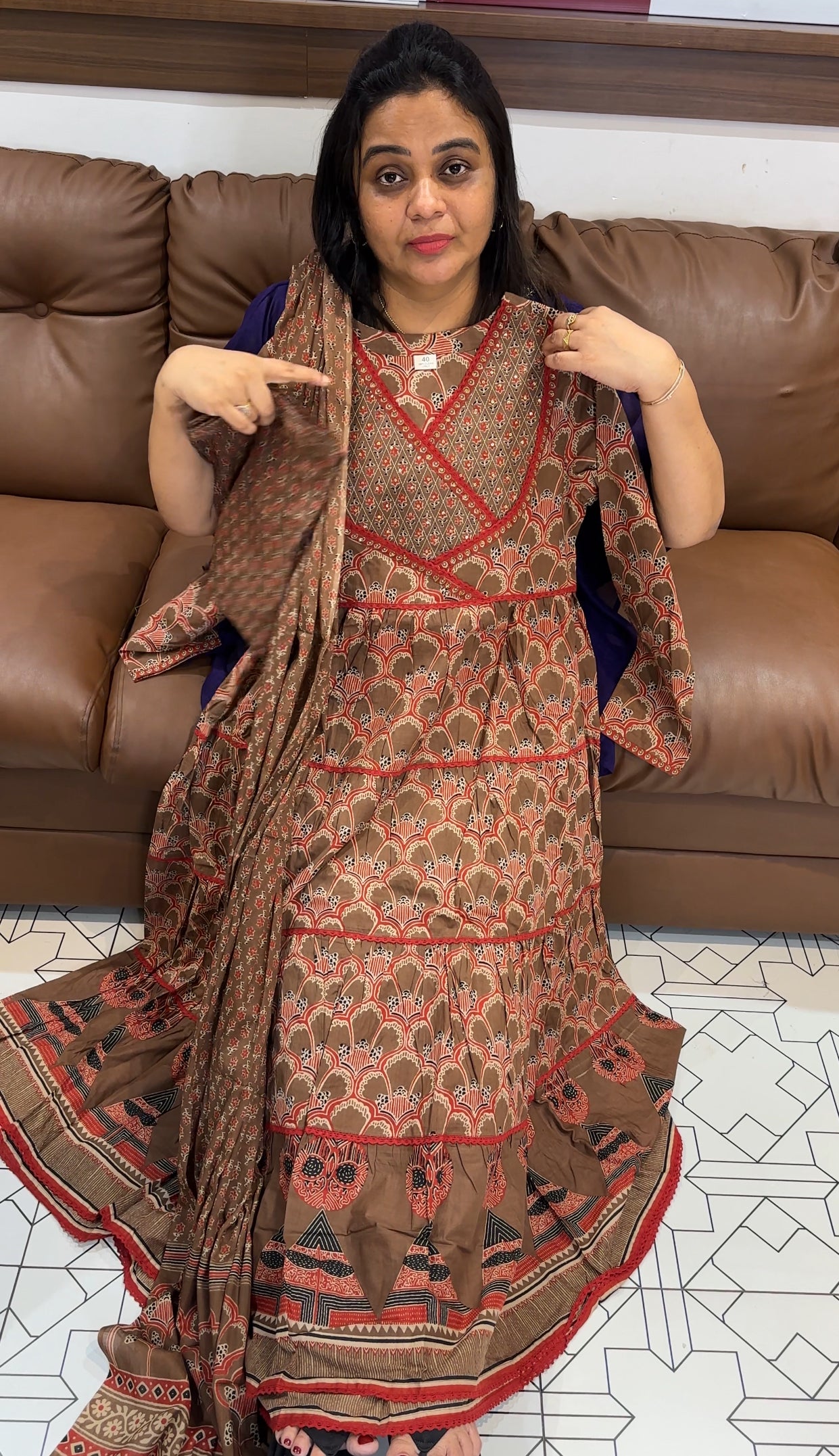 AJRAKH PRINTED ANARKALI TOP, BOTTOM AND DUPATTA  - IHA 28076