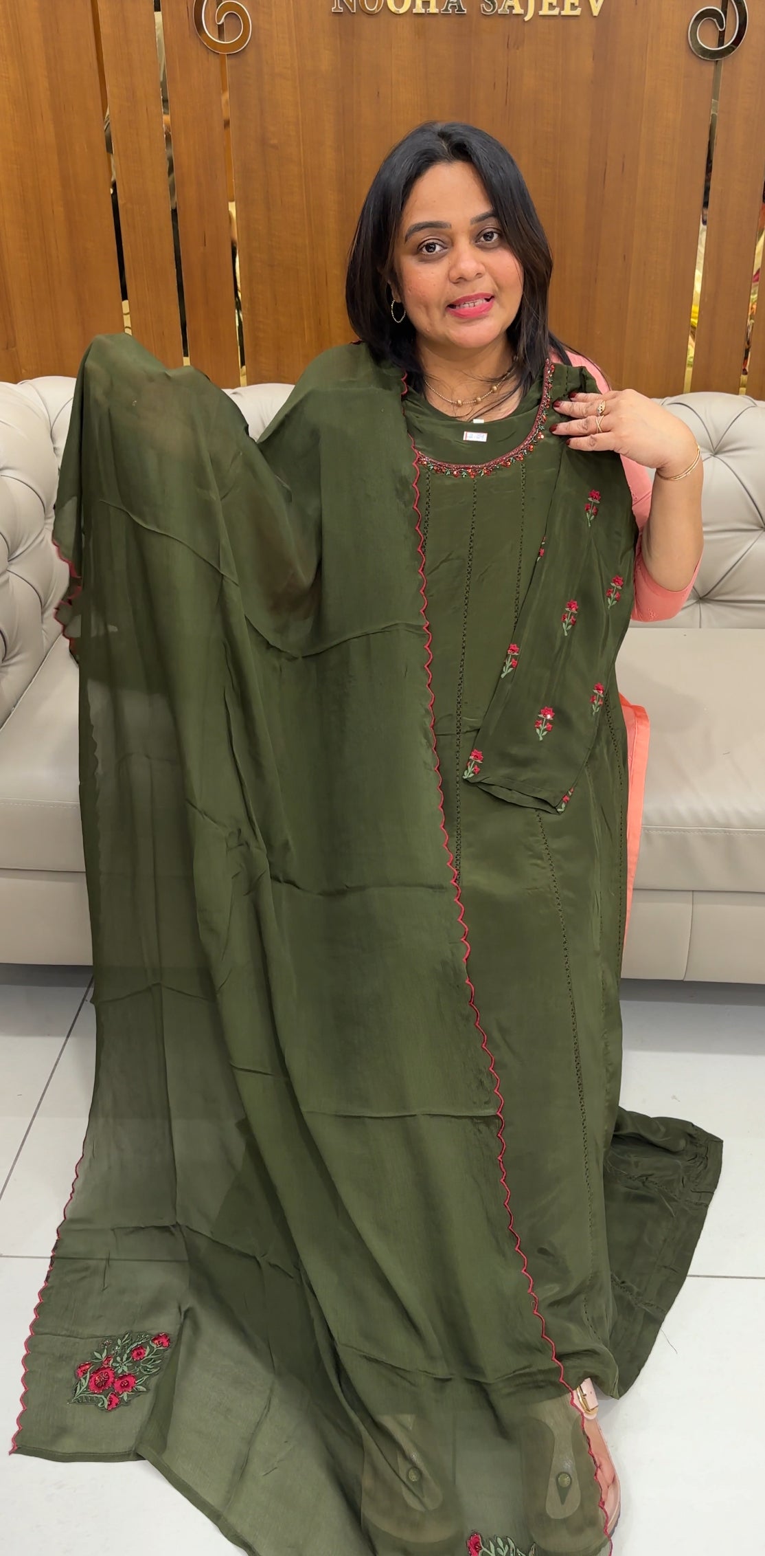 CRAPE SILK ANARKALI TOP,BOTTOM AND DUPATTA - IHA 27045