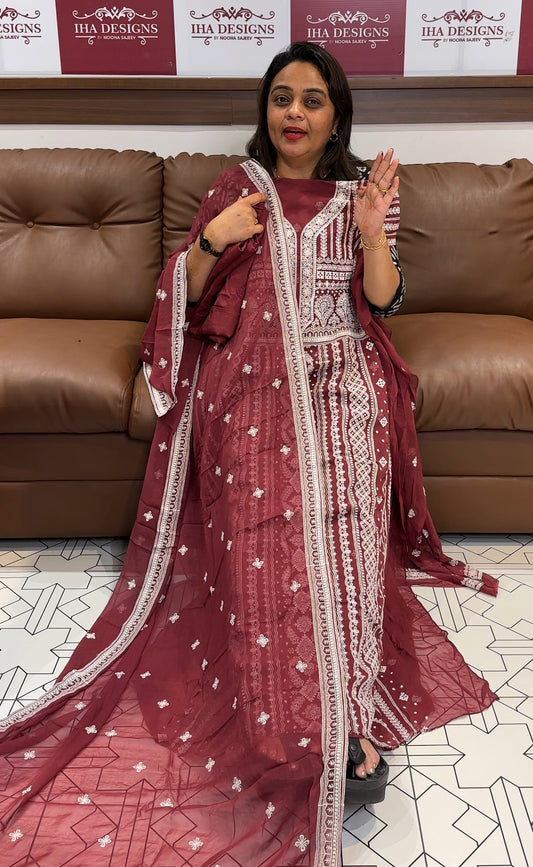 LUCKNOWI CHIKKANKARI UNSTITCHED SALWAR SUITS - IHA 24037