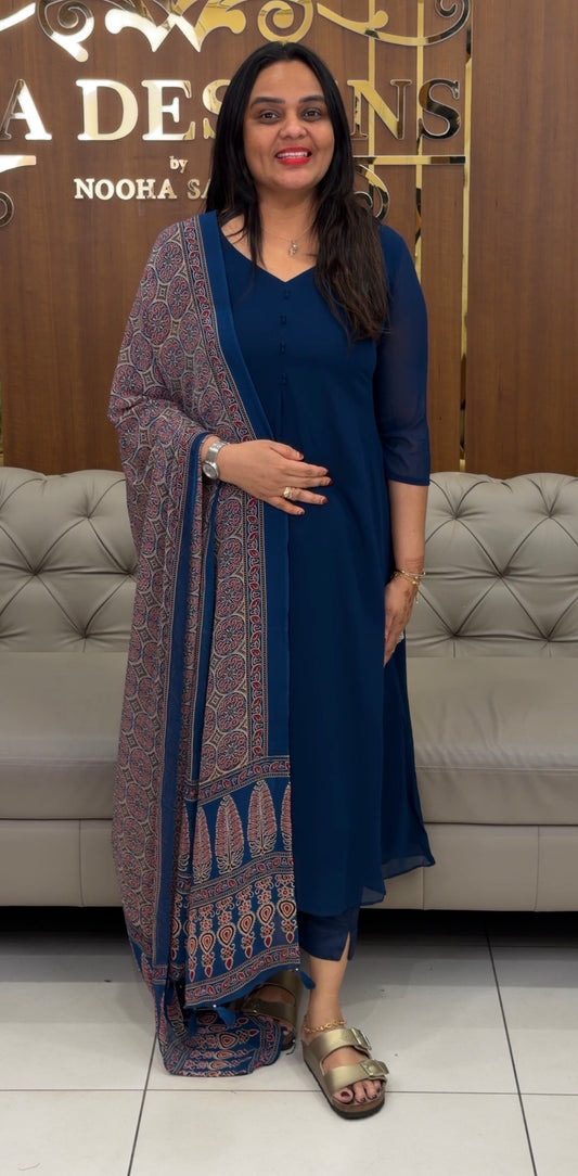 FAUX GEORGETTE ALINE TOP ,BOTTOM AND DUPATTA  - IHA 31907