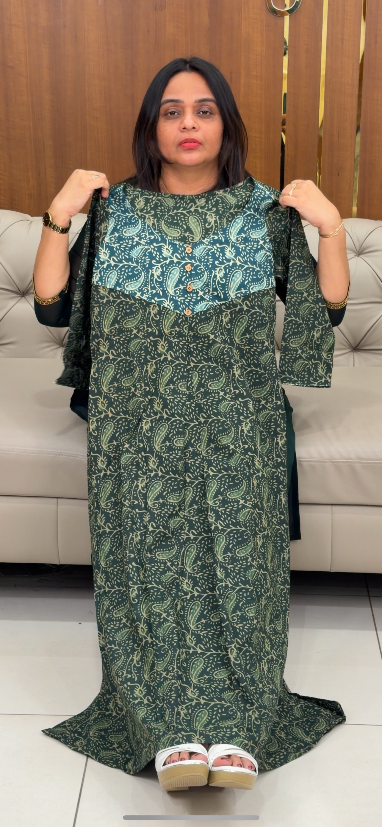 IHA'S IN-HOUSE AJRAKH PRINTED LONG A-LINE TOP - IHA 29118