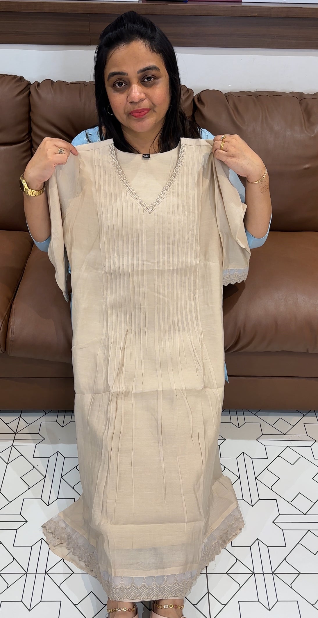 MUL CHANDERI LONG A-LINE TOPS - IHA 27767