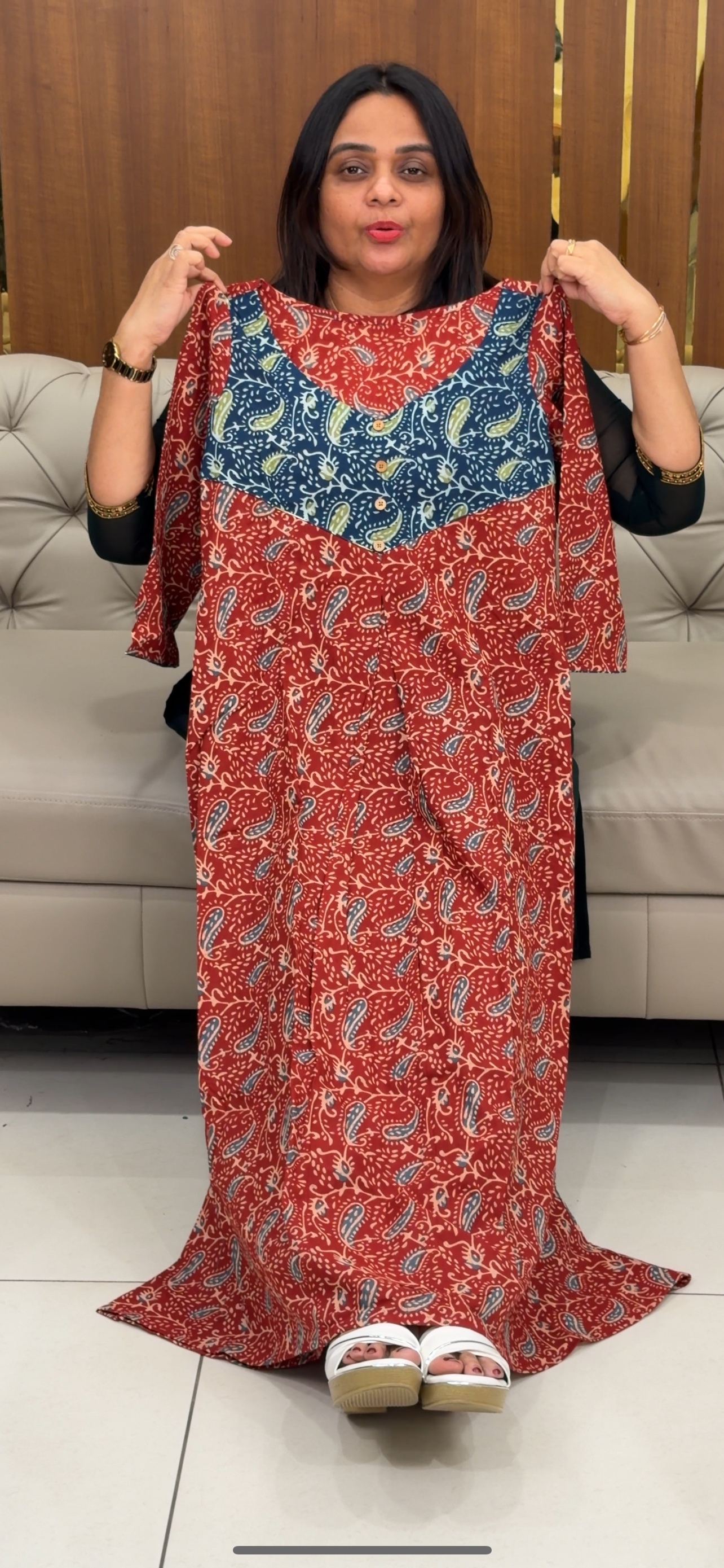 IHA'S IN-HOUSE AJRAKH PRINTED LONG A-LINE TOP - IHA 29118