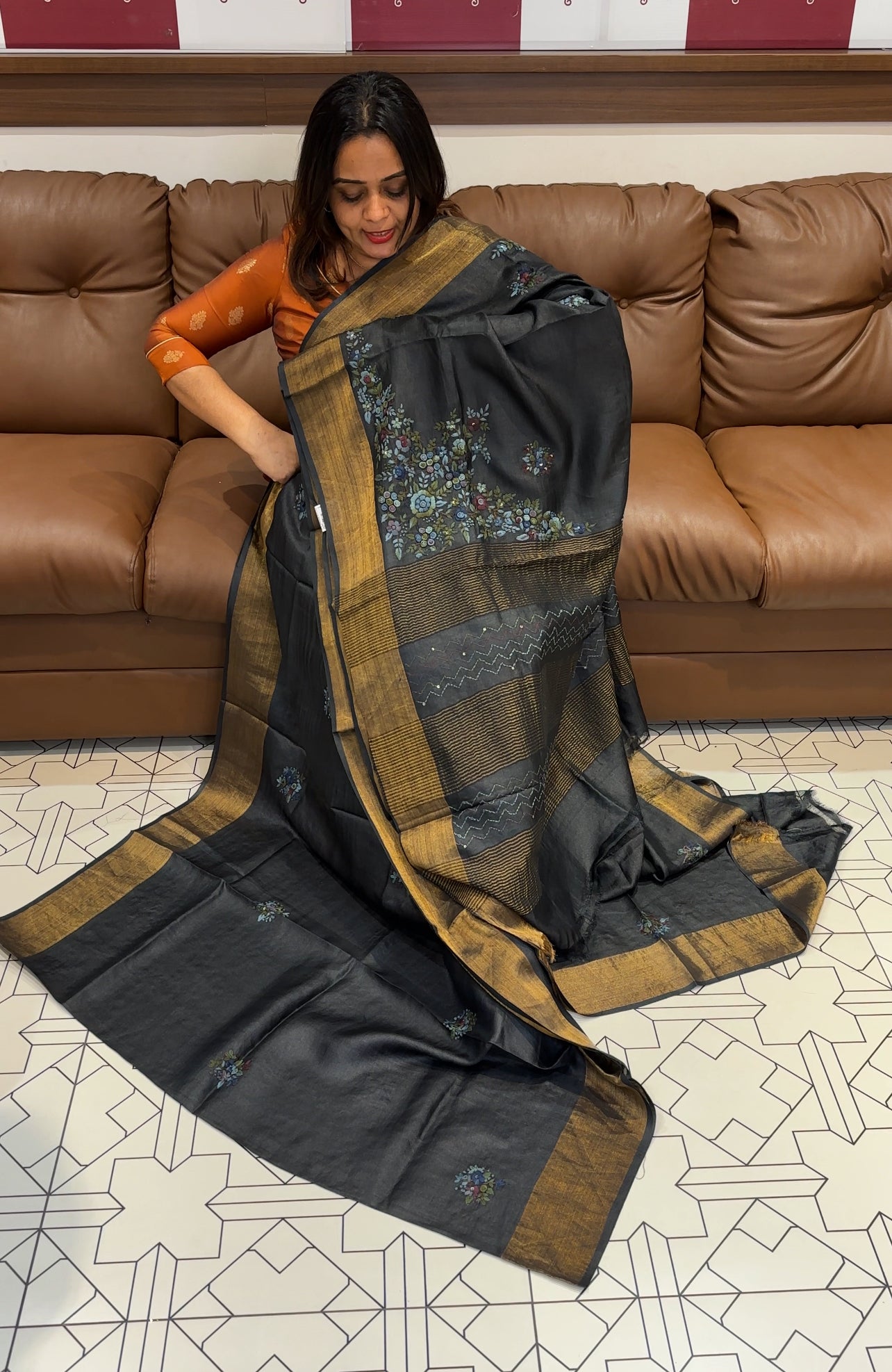 HAND WORKED TUSSER  SILK SAREES - IHA 15998