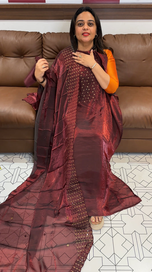 VELVET ORGANZA UNSTITCHED SALWAR SUITS - IHA 23543