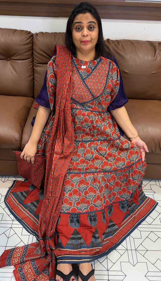 AJRAKH PRINTED ANARKALI TOP, BOTTOM AND DUPATTA  - IHA 28076