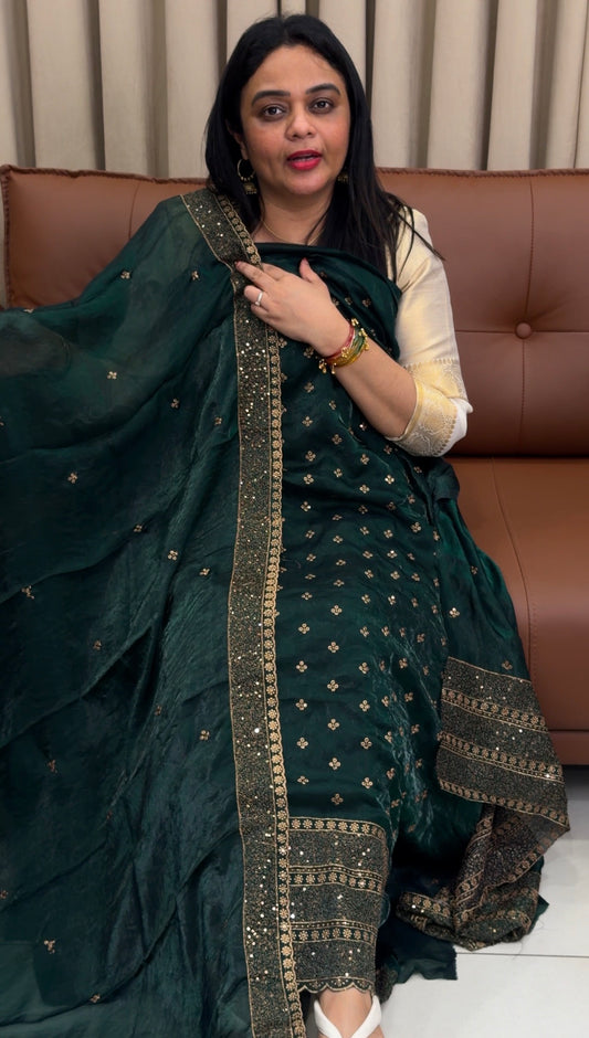 VELVET ORGANZA UNSTITCHED SALWAR SUITS - IHA 33847