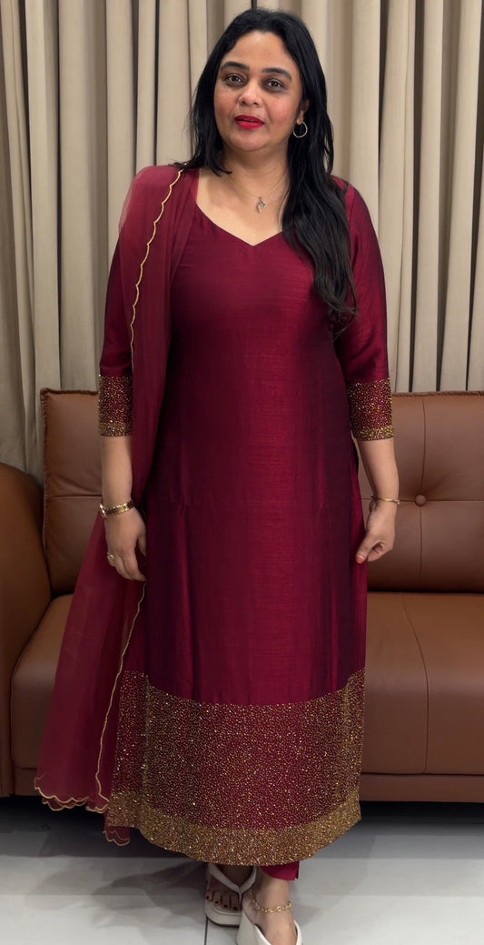 IHA'S IN-HOUSE SEMI RAW SILK TOP,BOTTOM AND DUPATTA  - IHA 33789