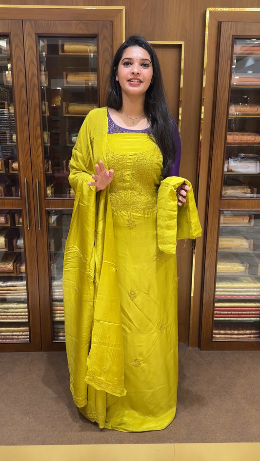 CRAPE SILK CHIKANKARI UNSTITCHED SALWAR SUITS - IHA 25133