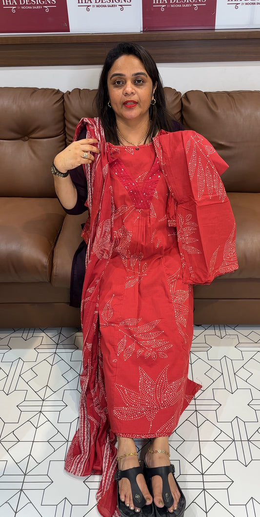 COTTON LONG ALINE TOP,BOTTOM AND DUPATTA - IHA 23934