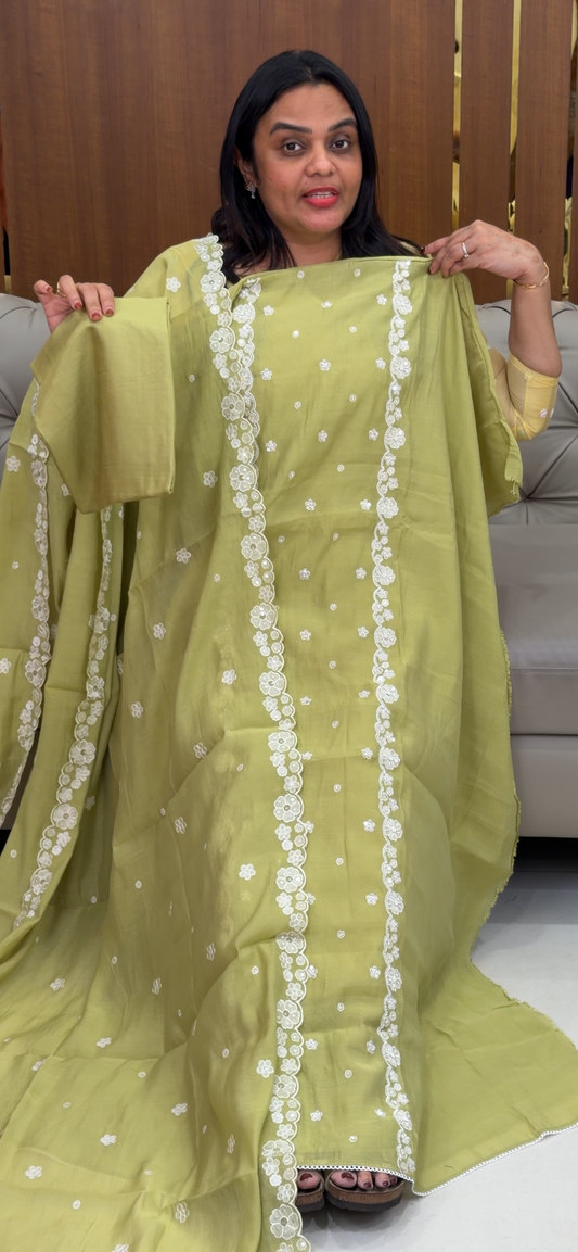 MUL CHANDERI UNSTITCHED SALWAR SUITS - IHA 31985