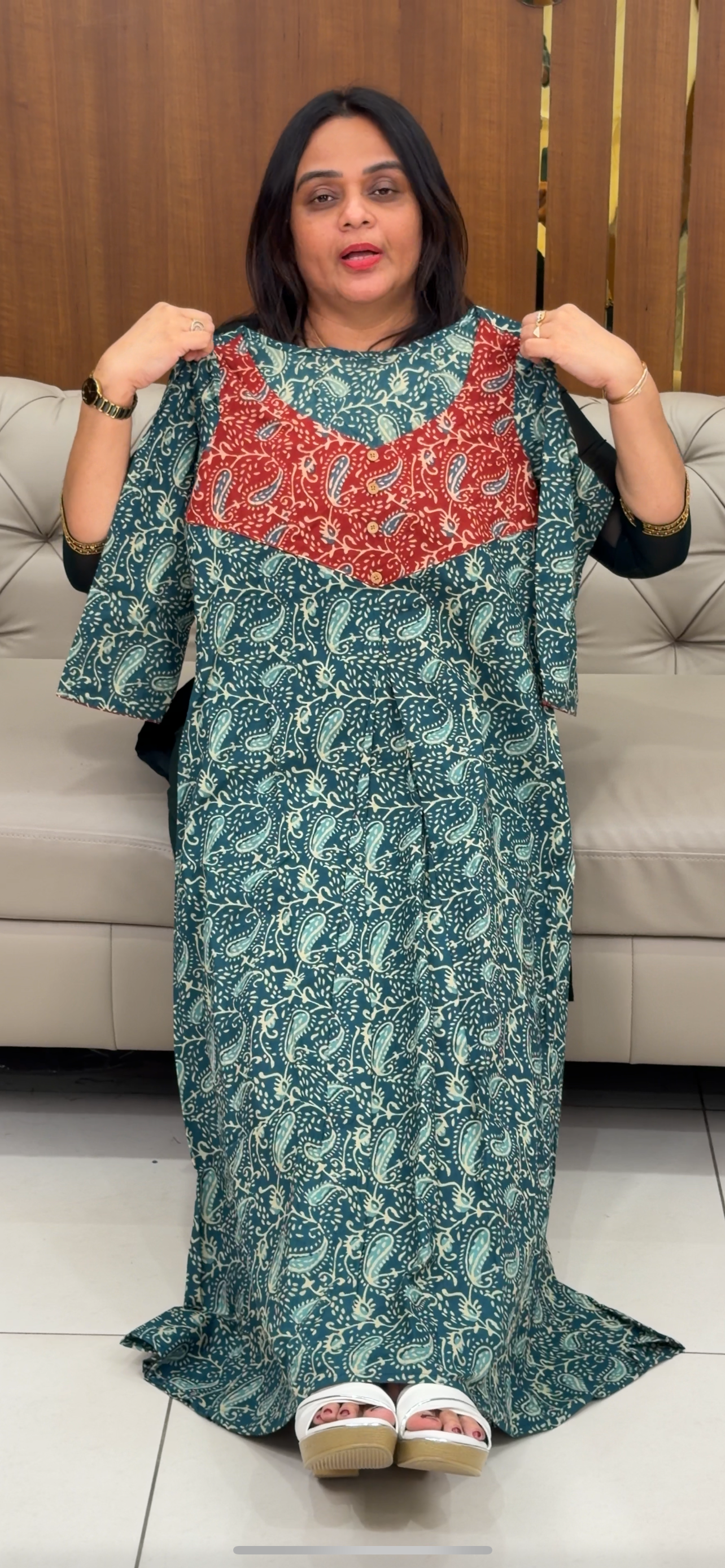 IHA'S IN-HOUSE AJRAKH PRINTED LONG A-LINE TOP - IHA 29118