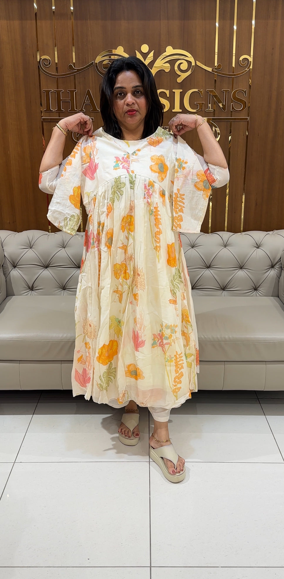 IHA'S IN-HOUSE PRINTED MALAI CHANDERI ALINE TOPS - IHA 24896