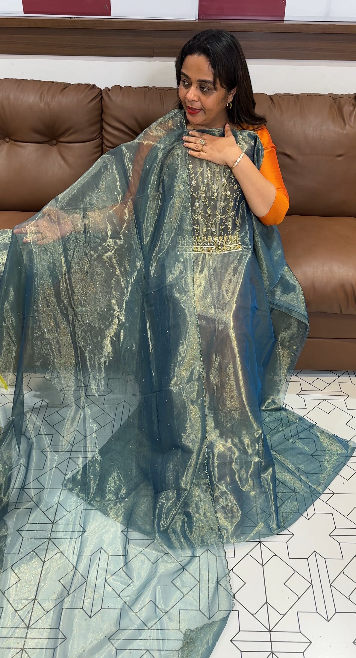 HAND WORKED TISSUE UNSTITCHED SALWAR SUITS - IHA 23552