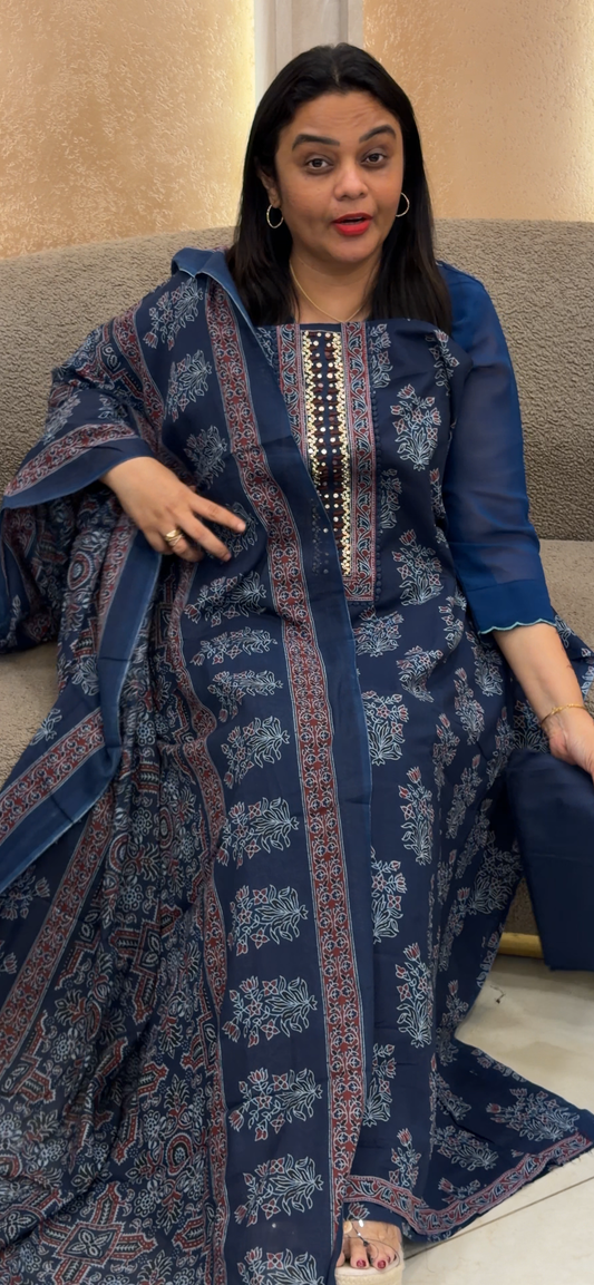 AJRAKH PRINTED UNSTITCHED SALWAR SUITS - IHA 33092