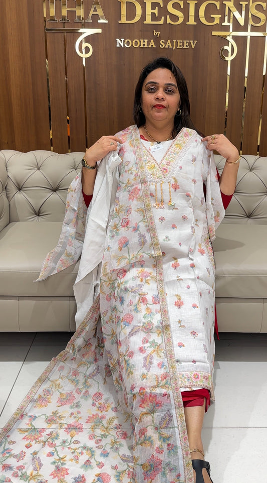 PRINTED LINEN ALINE TOP, BOTTOM AND DUPATTA - IHA 23465